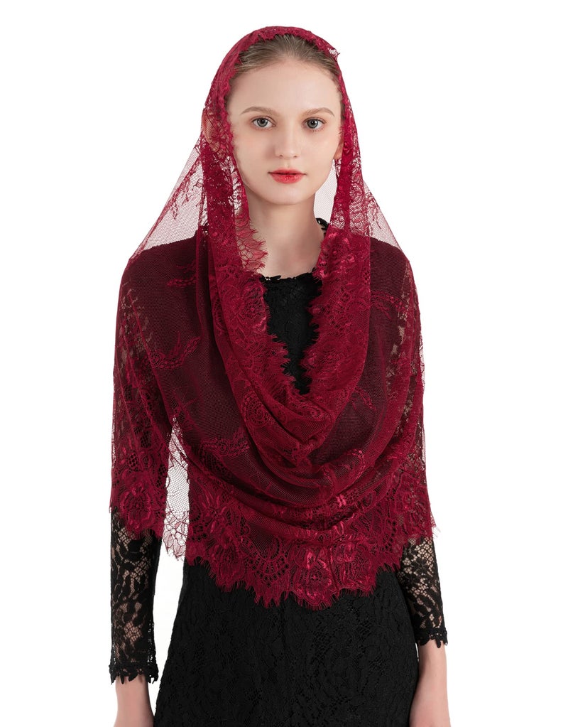 PAMOR Spanish Style Lace Traditional Vintage Inspired Infinity Shape Mantilla Veil Latin Mass Head Covering (Burgundy) - Image 2